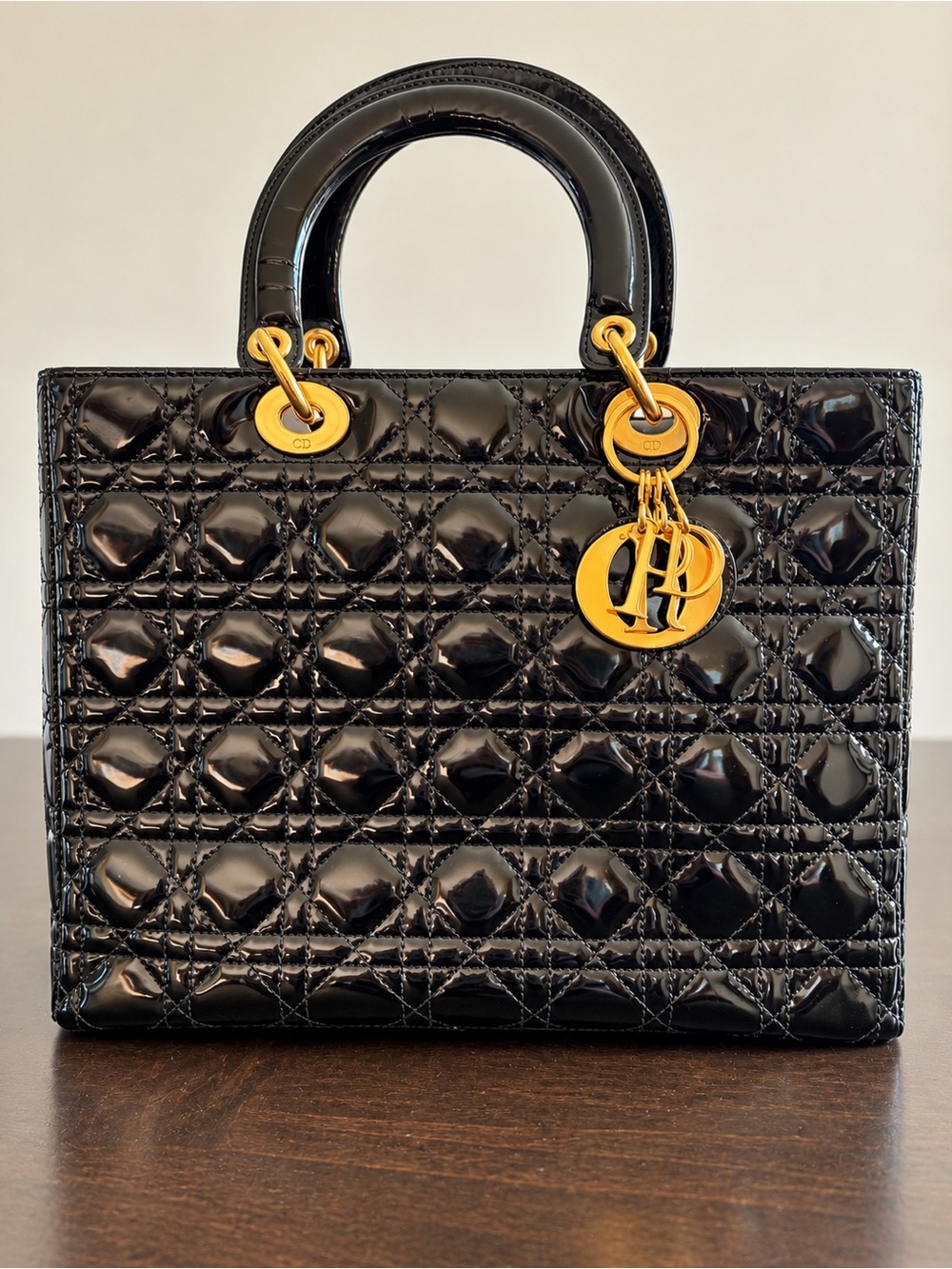 Dior Black Patent Lady Dior Satchel with Gold Hardware